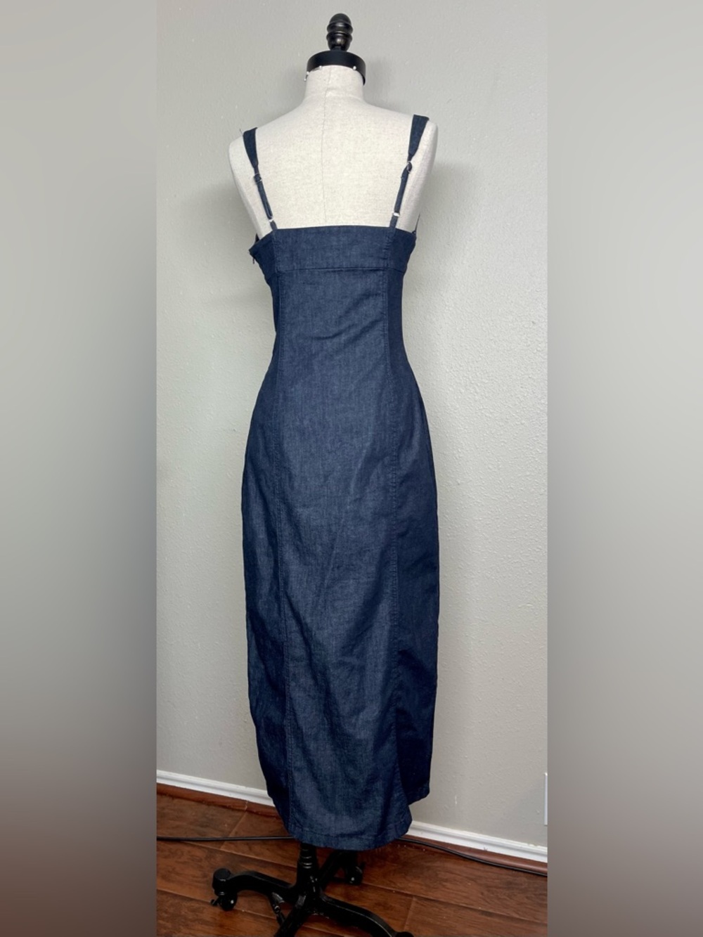 Zara Dark Indigo Button-Front Midi Body Fit Stretch Denim Dress M - Picture 2 of 7